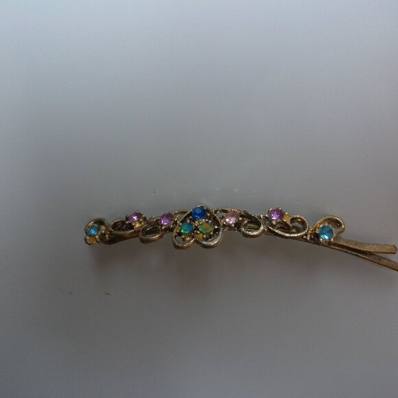 Heart Hair Clip, Silver/Gold color, Pink and blue rhinestone, shiny crystals - Picture 11 of 15